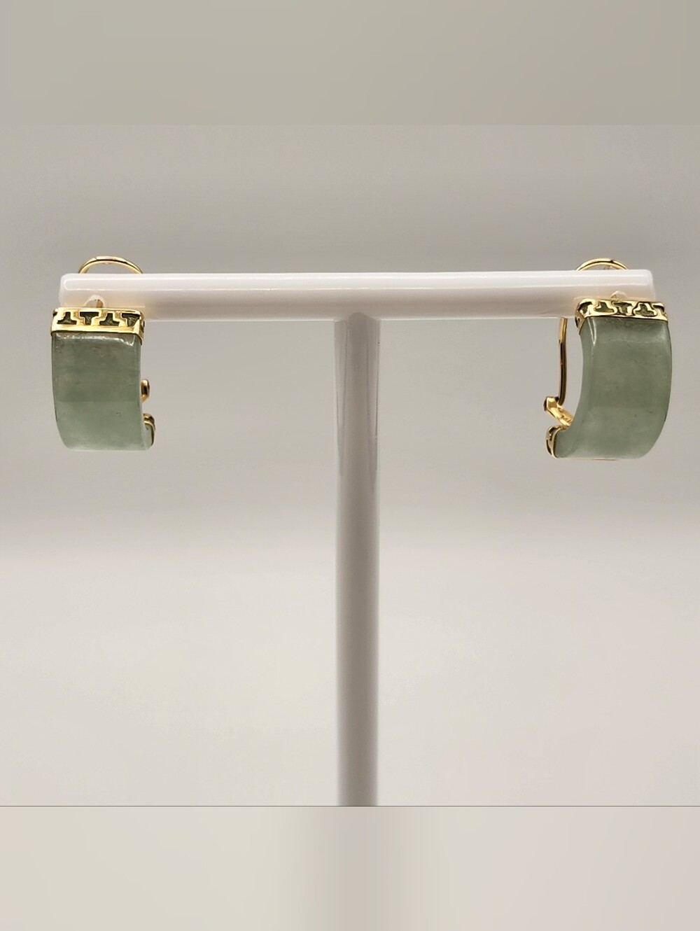 14K Yellow Gold Genuine Jade Half Hoop Earrings Green Jade 1" 6g